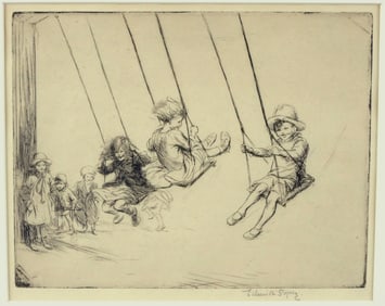 Eileen Alice Soper (England, 1905-1990), “Swinging??, c. 1920s, three children enjoying swings,