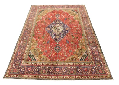 RUG: Antique Tabriz carpet, 10' x 10', c. 1940's, wool on cotton, red ground, steel-blue major