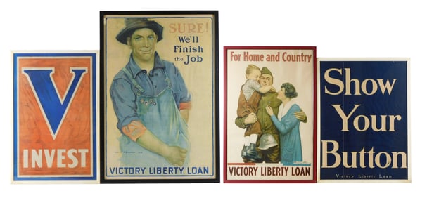 POSTERS: Three World War I Victory Liberty Loan lithograph posters c. 1918 and one modern, four