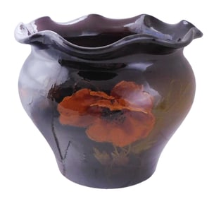 Weller style art pottery jardiniere, tapered bulbous body and a ruffled flared rim, deep brown