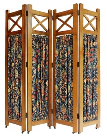 Arts & Crafts style floor screen, modern, walnut with natural finish, “X?? designed upper panel,