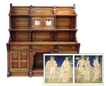 +Arts and Crafts sideboard, English, c.1880-1900, oak, carved with leafage and decorative relief,