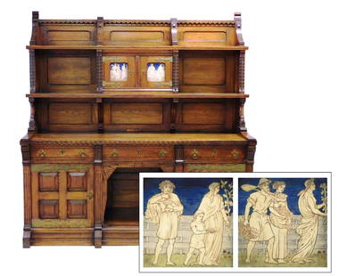 +Arts and Crafts sideboard, English, c.1880-1900, oak, carved with leafage and decorative relief,: +Arts and Crafts sideboard, English, c.1880-1900, oak, carved with leafage and decorative relief, tiered and paneled back with shelves over two cupboard doors with tiles (probably Minton Taylor). lowe