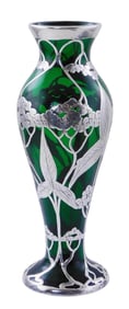 ART GLASS: Art Nouveau silver overlay on green glass vase, a matching example signed "L sterling"