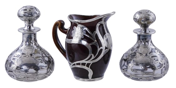 La Pierre and Lenox Art Nouveau silver overlay hollowware, c. 1900, three pieces, including: pair of