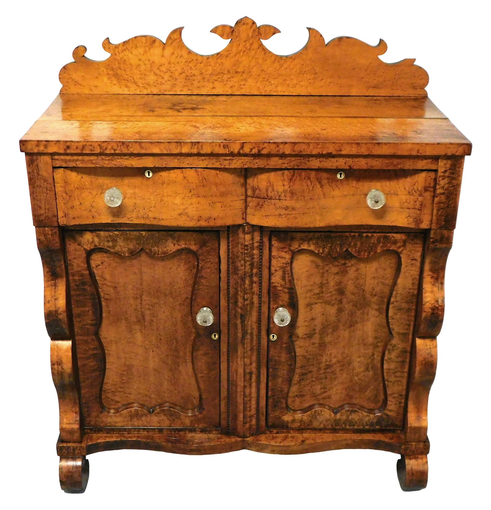 Sideboard, American, c. 1830, birds-eye maple veneer, shaped crest above two board top, two (1 of 6)