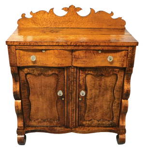Sideboard, American, c. 1830, birds-eye maple veneer, shaped crest above two board top, two: Sideboard, American, c. 1830, birds-eye maple veneer, shaped crest above two board top, two serpentine shaped drawers over two cupboard doors with serpentine frames fronting panels, glass pulls, frame
