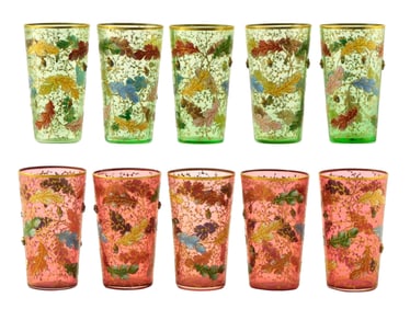 ART GLASS: Ten Moser enameled glass tumblers, c. 1885, Bohemia, signed, decorated in pattern d180