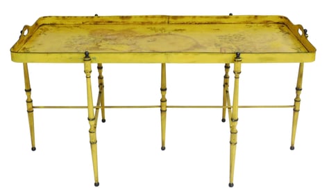 Chinoiserie tole tray on stand, late 19th -20th C., original chinoiserie decoration on yellow with