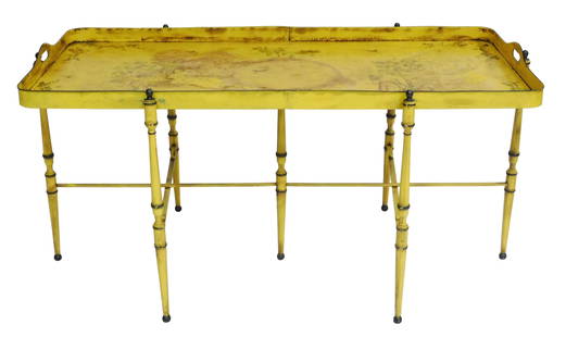 Chinoiserie tole tray on stand, late 19th -20th C., original chinoiserie decoration on yellow with: Chinoiserie tole tray on stand, late 19th -20th C., original chinoiserie decoration on yellow with black trim, resting on stand comprised of seven round and tapered legs and flat stretcher bars, under