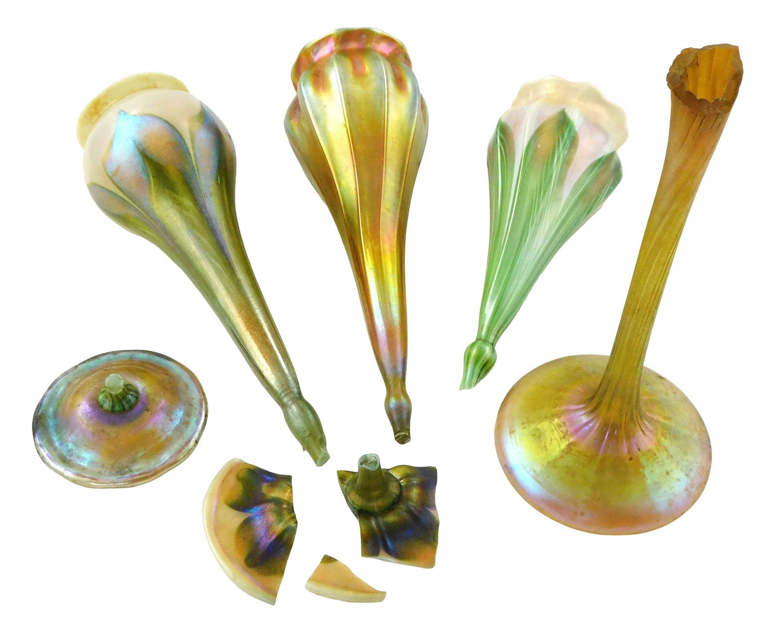 Louis Comfort Tiffany, four Favrile glass vases, early 20th C., all appear to be Tiffany, all: Louis Comfort Tiffany, four Favrile glass vases, early 20th C., all appear to be Tiffany, all broken, three at the base of stems and one at neck, with both present bases marked with etched “LCT&rdqu