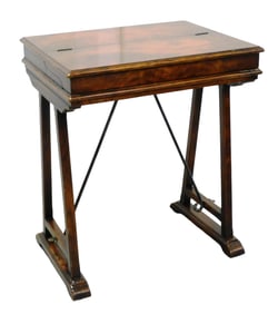 20th C. flip top writing/campaign desk, small footprint with metal bracket supports, hinged flip top