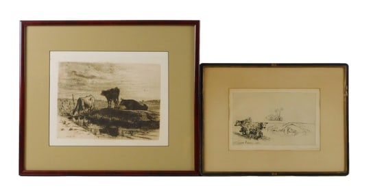Two framed bucolic landscape etchings by Francis Seymour Haden and James Foxcroft Cole, both feature