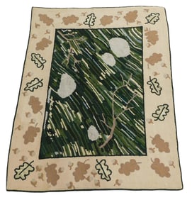RUG: Hooked rug, early/mid-20th C., featuring birds-eye-view of stream, with flowing water going