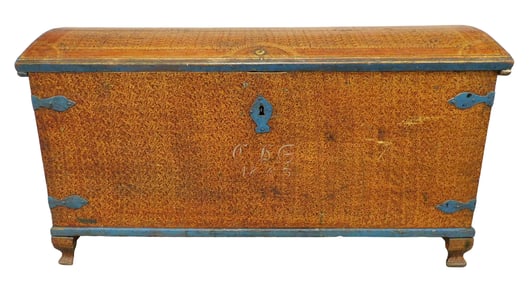 Painted domed lift top chest, Swedish, 19th C., pine with lidded till, slanted front and back, heavy