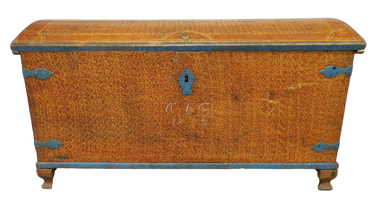 Painted domed lift top chest, Swedish, 19th C., pine with lidded till, slanted front and back, heavy (1 of 3)