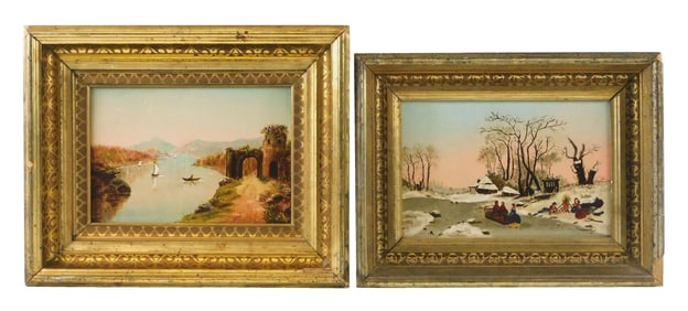Two 19th C. naïve landscapes in period gilt frames, oil on panel, details include: waterway with