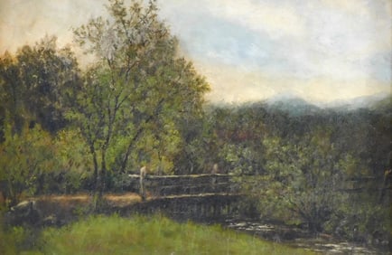 Late 19th C. landscape, oil on canvas, ca. 1886, depicts summer day with green trees and building