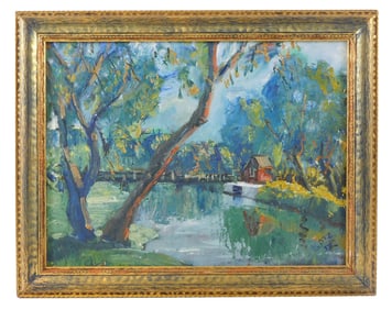 20th C. oil on panel, possibly by Edmond Klotz (Massachusetts, 1888-1947), depicts lake scene with