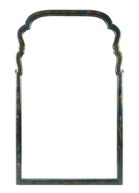Queen Anne style wall mirror, 20th C., Japanned shaped black frame with single glass panel, painted