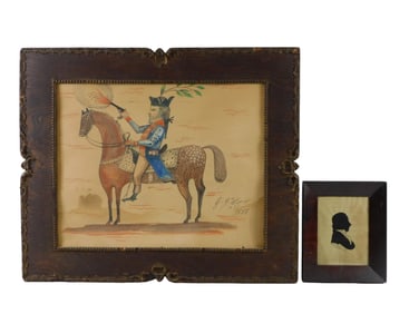 Two 19th C. works on paper, details include: watercolor and ink depicting George Washington on