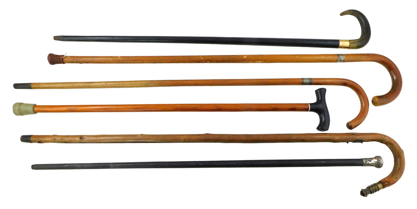 Six walking sticks, details include: two canes with monogrammed sterling silver bands; walking stick (1 of 5)