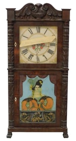 Shelf clock, Bristol CT, c.1830, Eight Day wood movement by Ephraim Downes, mahogany case, scrolled