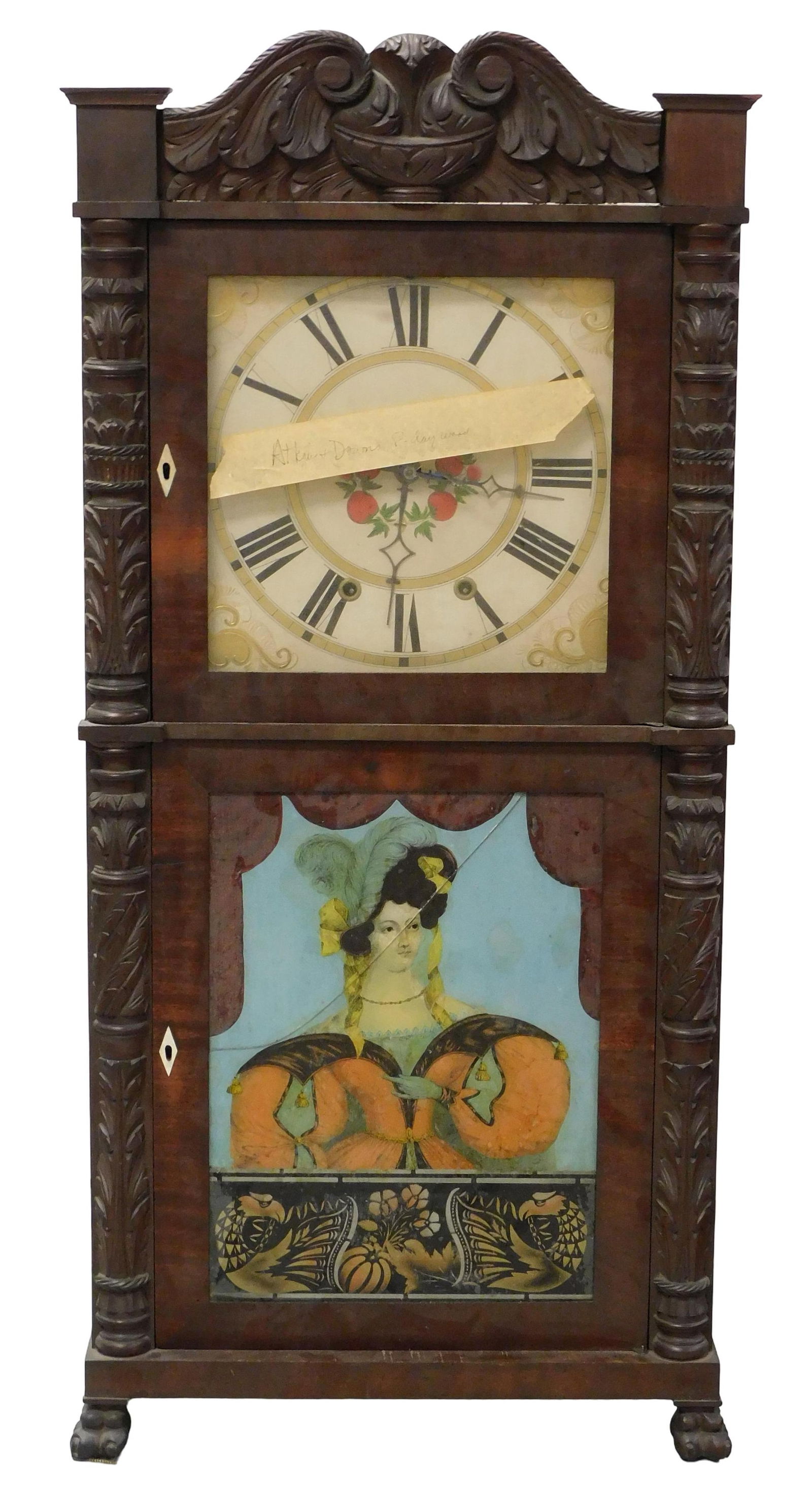 Shelf clock, Bristol CT, c.1830, Eight Day wood movement by Ephraim Downes, mahogany case, scrolled (1 of 7)