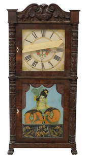 Shelf clock, Bristol CT, c.1830, Eight Day wood movement by Ephraim Downes, mahogany case, scrolled: Shelf clock, Bristol CT, c.1830, Eight Day wood movement by Ephraim Downes, mahogany case, scrolled crest with urn, carved side columns resting on paw feet, dial and case in mint condition, both glass