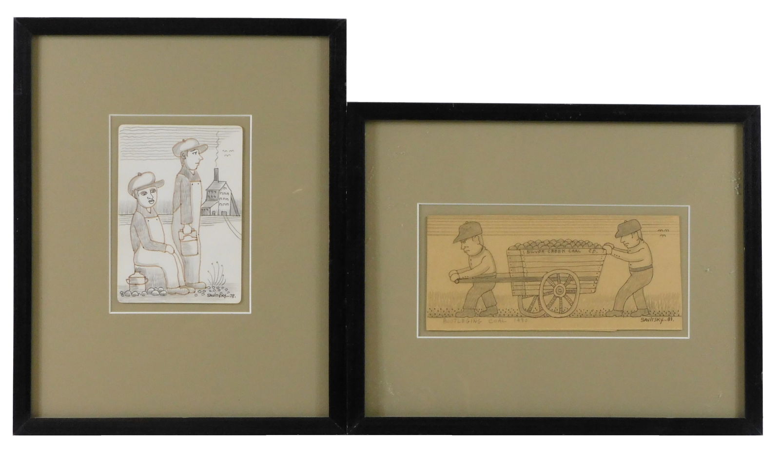 Jack Savitsky (American, 1910-1991), two mixed media drawings on paper, coal miners: "Bootleg Coal (1 of 6)
