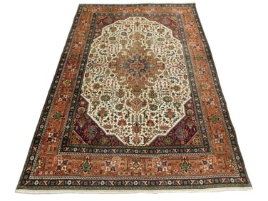 RUG: Antique Heriz carpet, 7' x 10', c. 1950's, wool on cotton, cream ground with red major border,