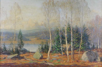 Gustave Wiegand (American, 1886-1973), oil on canvas, depicting autumn landscape, barren birch trees