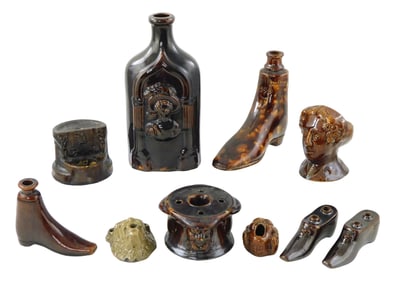 Bennington/Rockingham, etc. wares, ten pieces, unmarked, details include: large bottle with