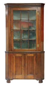 +Corner cupboard, Pennsylvania, late 18th/ early 19th C., walnut, free standing in two parts with