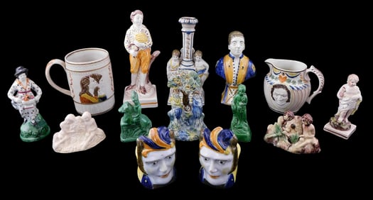 STAFFORDSHIRE: Fourteen ceramic figures and inkwell, 19th/ early 20th C., all with Whieldon-type
