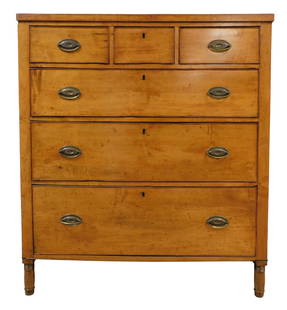 Federal chest of drawers, American, c. 1820, maple, poplar and chestnut, rectangular top above three: Federal chest of drawers, American, c. 1820, maple, poplar and chestnut, rectangular top above three short over three long drawers with beaded edges, oval brasses standing on short turned feet, wear c