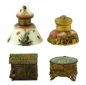 Three inkwells and jewelry cask, four pieces, details include: Little Red Riding Hood & Wolf