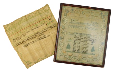 Two samplers, one completed in 1827 and framed, one started in 1829 and unframed, framed sampler