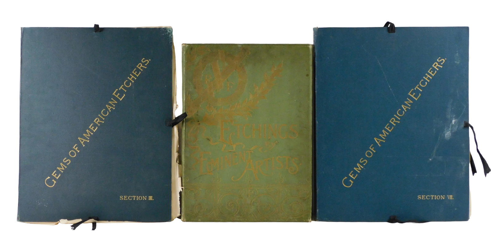 Three 19th C. portfolios of etchings, including: "Etchings by Eminent Artists", containing plates by: Three 19th C. portfolios of etchings, including: "Etchings by Eminent Artists", containing plates by ten French and American etchers, published in 1888 by S. A. Maxwell, Chicago, green cloth binding w
