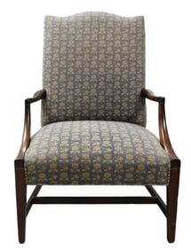 American lolling armchair, possibly ca. 1800, mahogany, needlepoint upholstered back and seat,