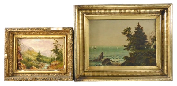 Two 19th C. landscapes, details include: one oil on panel landscape, signed "H. Thompson", mountain