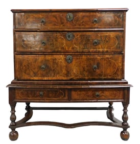+Chest on frame, English, early 18th C., William & Mary, book matched crotch veneer and string inlay