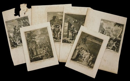 William Hogarth (England, 1697-1764), six loose prints from the "Don Quixote" books in portfolio,