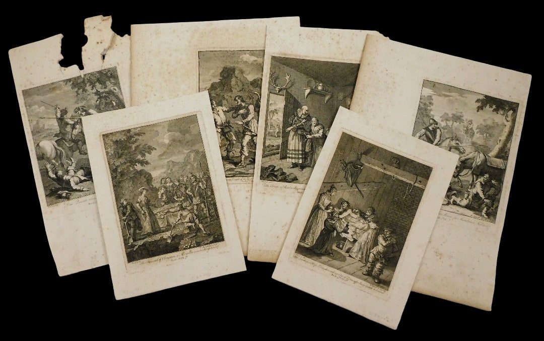 William Hogarth (England, 1697-1764), six loose prints from the "Don Quixote" books in portfolio,: William Hogarth (England, 1697-1764), six loose prints from the "Don Quixote" books in portfolio, mid-19th C., print details include: "Don Quixote releases the Galley Slaves", "The unfortunate Knight