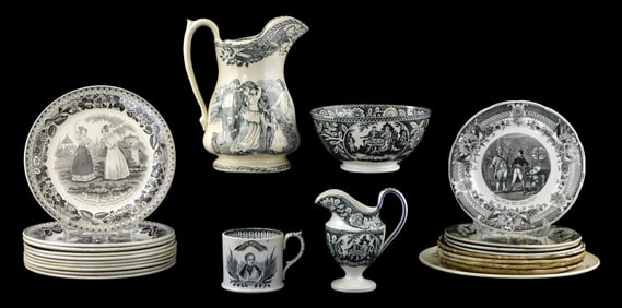 20+ Pieces of ceramic transfer-ware, late 19th/early 20th C., all black and white designs on cream
