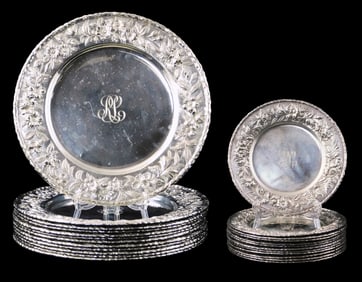 STERLING: S. Kirk & Son sterling silver service and butter plates with floral repousse rims,