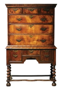 Highboy, England, c. 1700, walnut, top case with crown molding over three short drawers and three