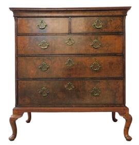 Chest on frame, Queen Anne, English, c. 1740, walnut veneer, mahogany, two over three drawers, top