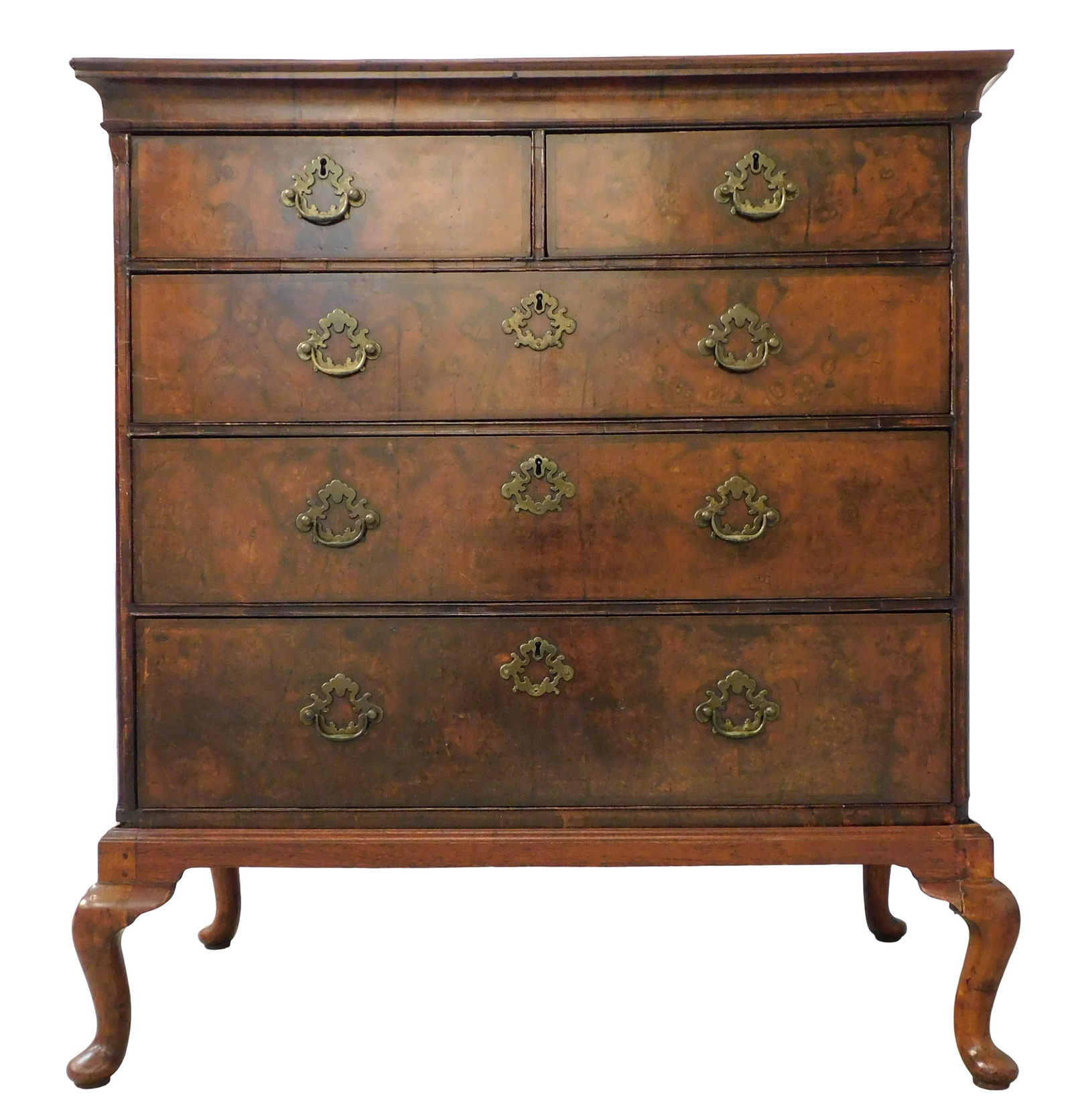 Chest on frame, Queen Anne, English, c. 1740, walnut veneer, mahogany, two over three drawers, top (1 of 7)