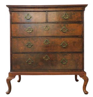 Chest on frame, Queen Anne, English, c. 1740, walnut veneer, mahogany, two over three drawers, top: Chest on frame, Queen Anne, English, c. 1740, walnut veneer, mahogany, two over three drawers, top with herringbone banding, beaded case drawer openings, drawers with burl and herringbone band, wear c